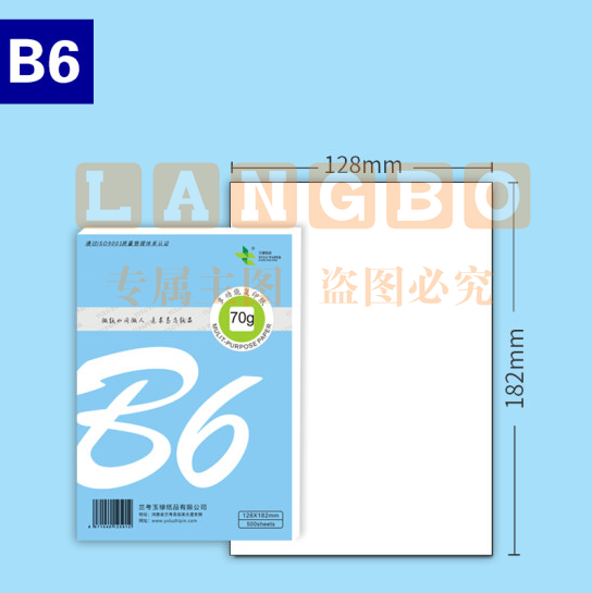 B6打印纸 70g 128*182mm   500张/包  货号：ZF