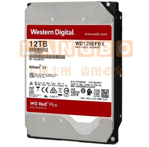 西部数据WD120EFBX NAS硬盘 WD Red Plus 西数红盘Plus 12TB 7200转 256MB SATA CMR