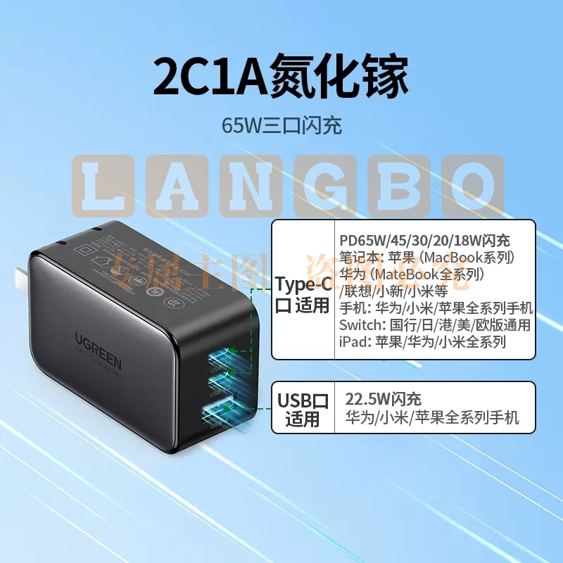 绿联 20700 闪充湃65W氮化镓充电器头 2C1A曜石黑