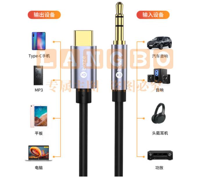 毕亚兹 Type-C转3.5mm音频转接线 3米 车载AUX音频线Y11