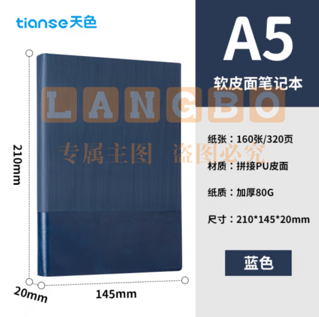 天色（TIANSE）A5笔记本 软皮面记事本 会议记录本 TS-4171 蓝色（本）