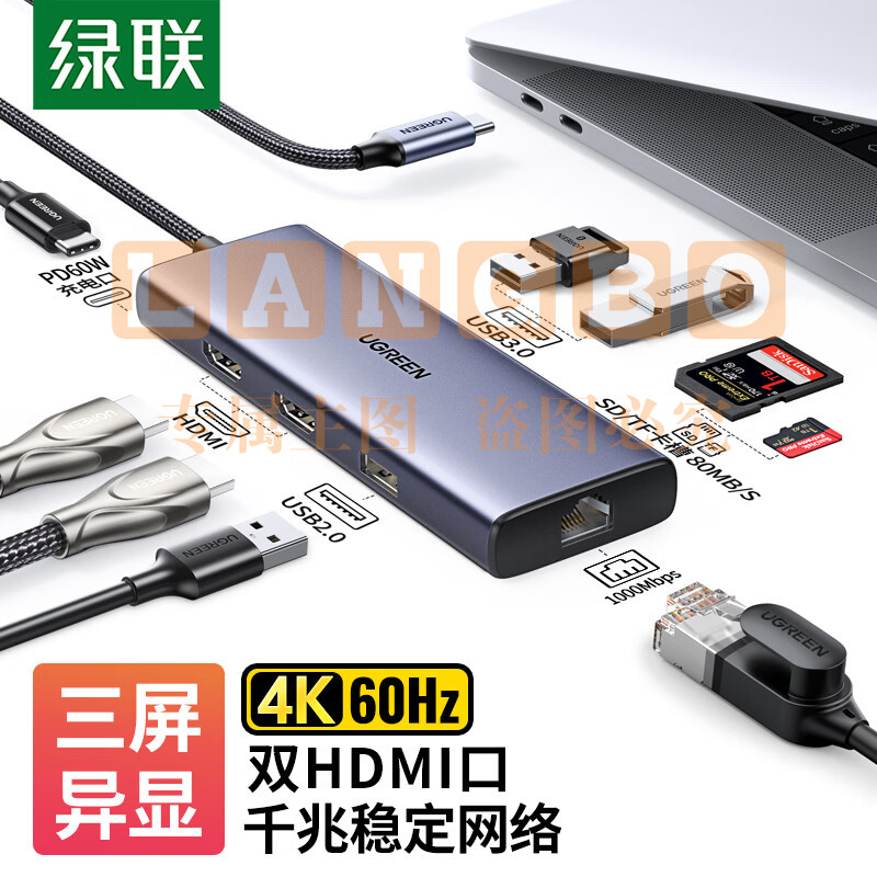 绿联 Type-C扩展坞 USB-C转双HDMI三屏异显拓展坞千兆网线口转接头HUB分线器3.0 适用苹果笔记本转换器九合一 90119