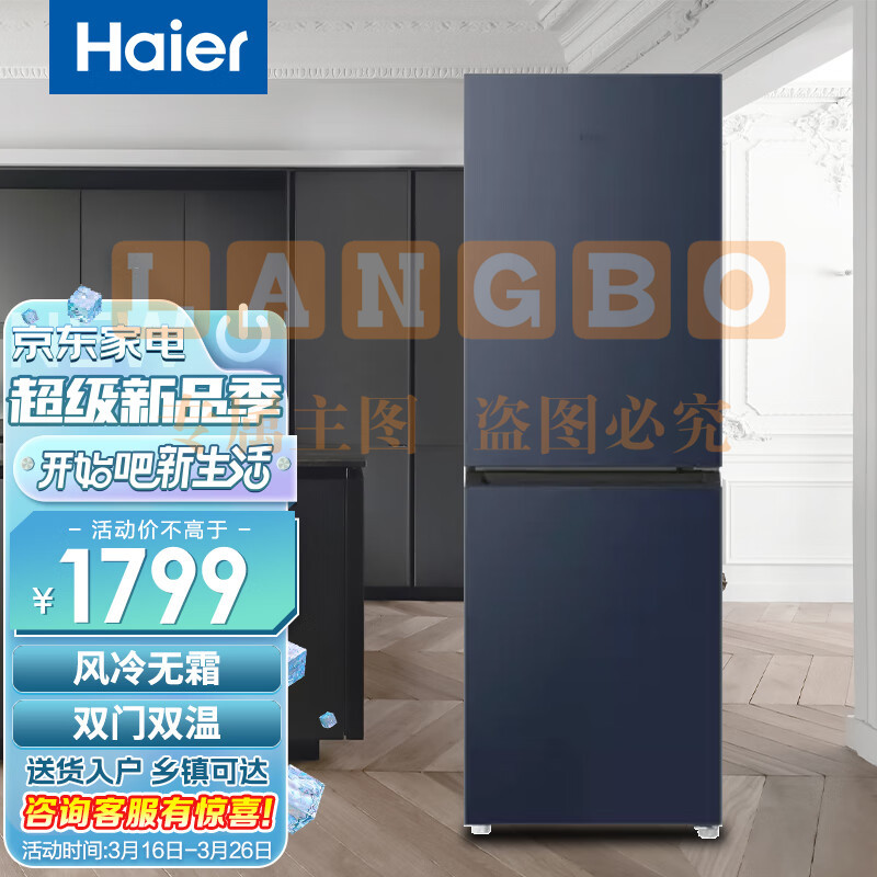 海尔（Haier）202升冰箱双开门风冷无霜冷藏冷冻浅薄机身90°开门家用租房两门冰箱 BCD-202