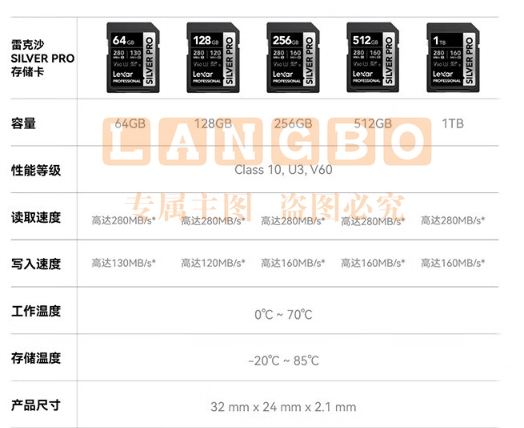  雷克沙（Lexar）v60sd卡相机内存卡高速4K单反相机存储卡 SILVER PLUS 读205MB/s 128GB