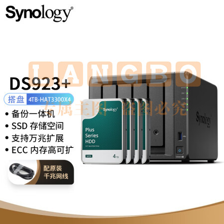 群晖（Synology）DS923+ 4盘位万兆扩展NAS 网络存储 私有云 团队云 备份网盘 标配+2T酷狼*2 