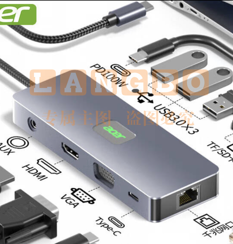 acer宏碁扩展坞11合1 USB-C转HDMI转换器适用ipadpro苹果macbook 4K投屏VGA音频网口分线器拓展坞