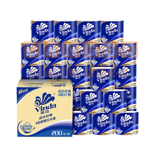维达(Vinda)有芯卷纸 蓝色经典4层200克*27卷 高克重 卫生纸 卷筒纸纸巾 整箱