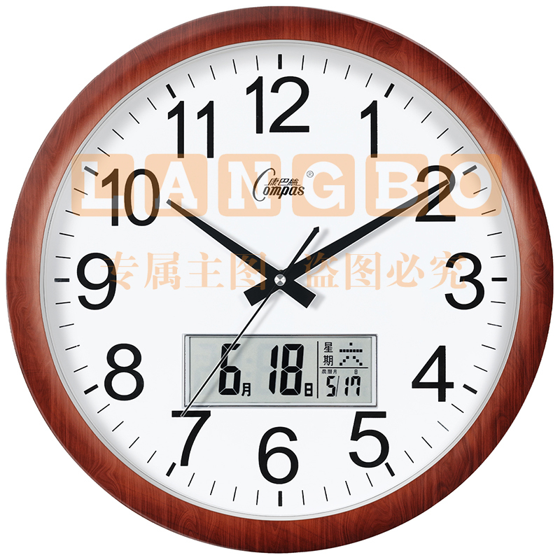 康巴丝(Compas)挂钟客厅万年历钟表挂墙石英钟日历时钟3128Y 木纹日历款 38cm