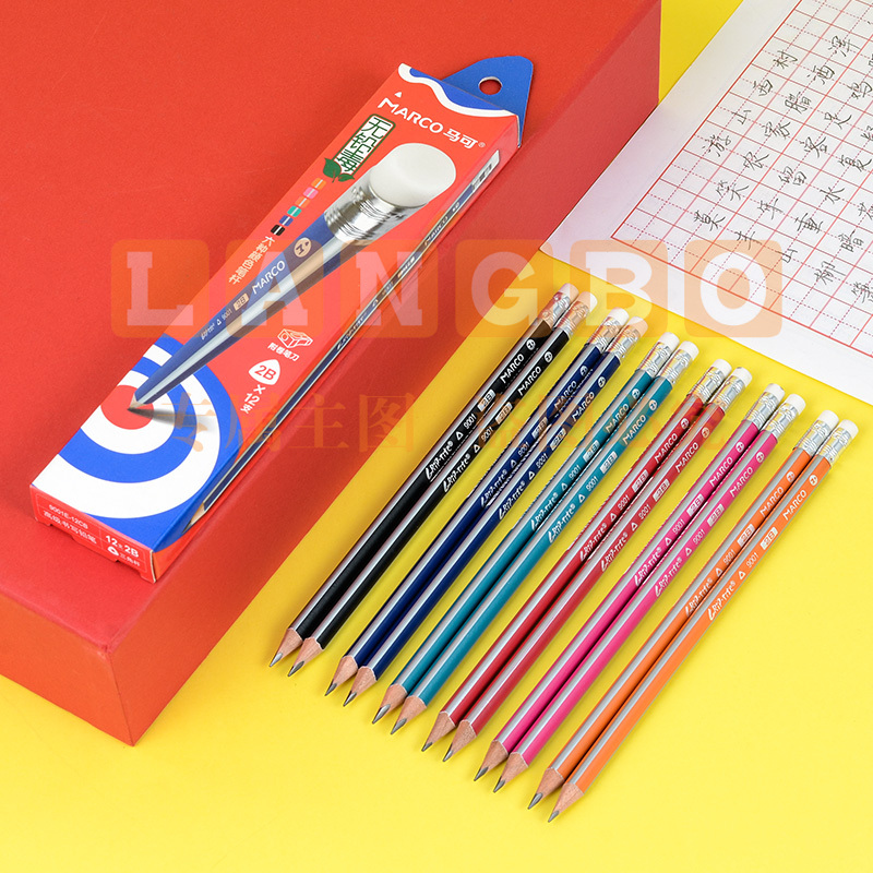 马可(MARCO)时尚系列学生12支书写2B铅笔 办公文具三角笔杆带橡皮头铅笔 盒装9001E-2B