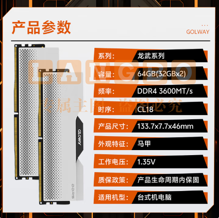 光威（Gloway）64GB(32GBx2) DDR4 3600 台式机内存条 龙武 马甲条 海力士CJR CL18 深空银