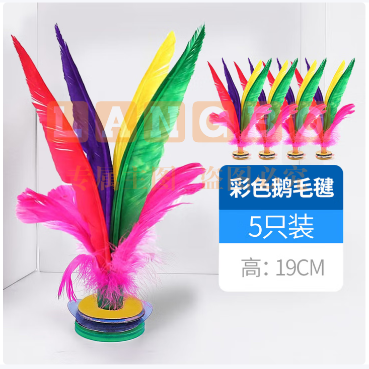 杜威克 毽子大号鹅毛羽毛彩色比赛毽球牛筋底花键儿童毽子5个装